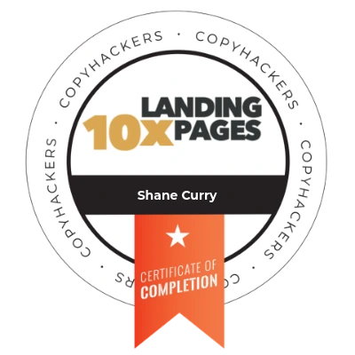 Certification badge for 10x Landing Pages from Copyhackers.