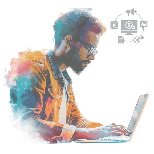 A man working on a laptop with an advertising logo in the corner.