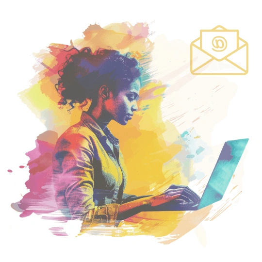 Woman working on a laptop with the email logo in the corner.