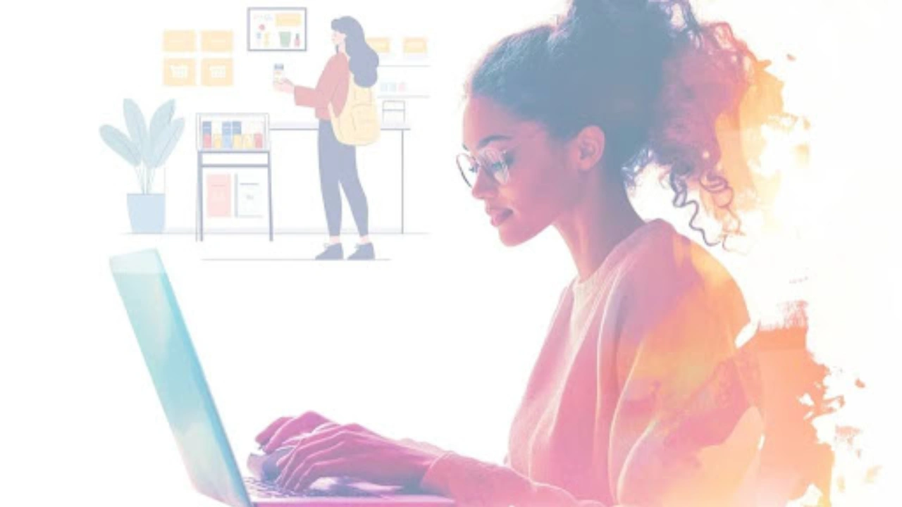 How to Convince Someone to Buy Your Product Colourful image of a woman typing on a laptop, with a woman buying a product in the background.