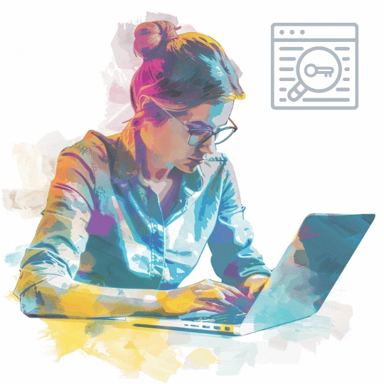 Woman working on a laptop with a keyword research icon in the corner.