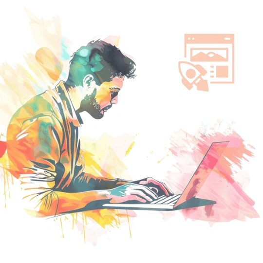 Colourful image of a man working on a laptop with a landing page logo in the corner.