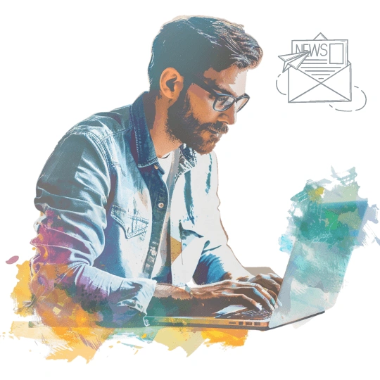 Man working on a laptop with a newsletter logo in the corner.