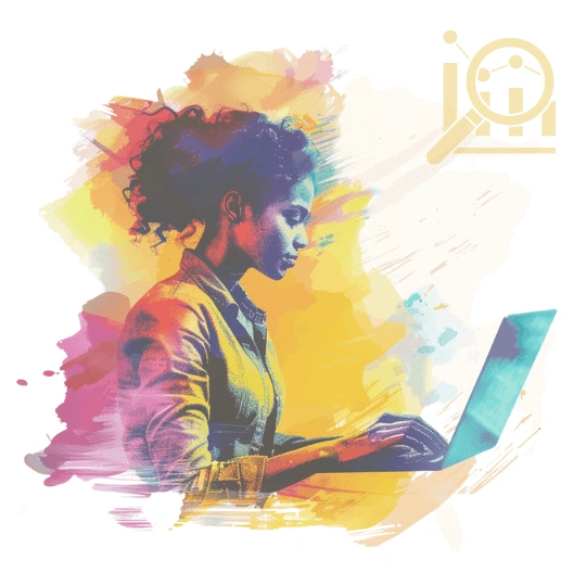 A woman working on a laptop with a rank tracking icon in the corner.