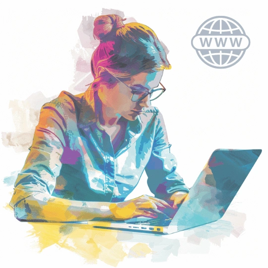 Colourful image of a woman working on a laptop with a website logo in the corner.
